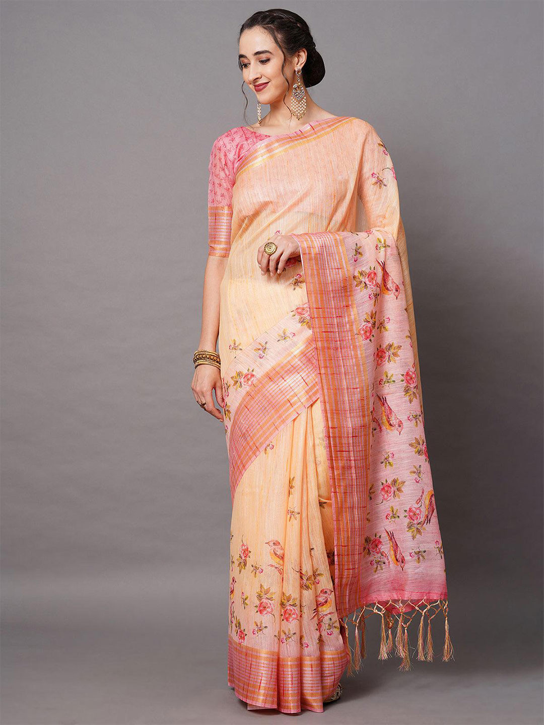 

ODETTE Floral Printed Zari Festive Saree, Peach