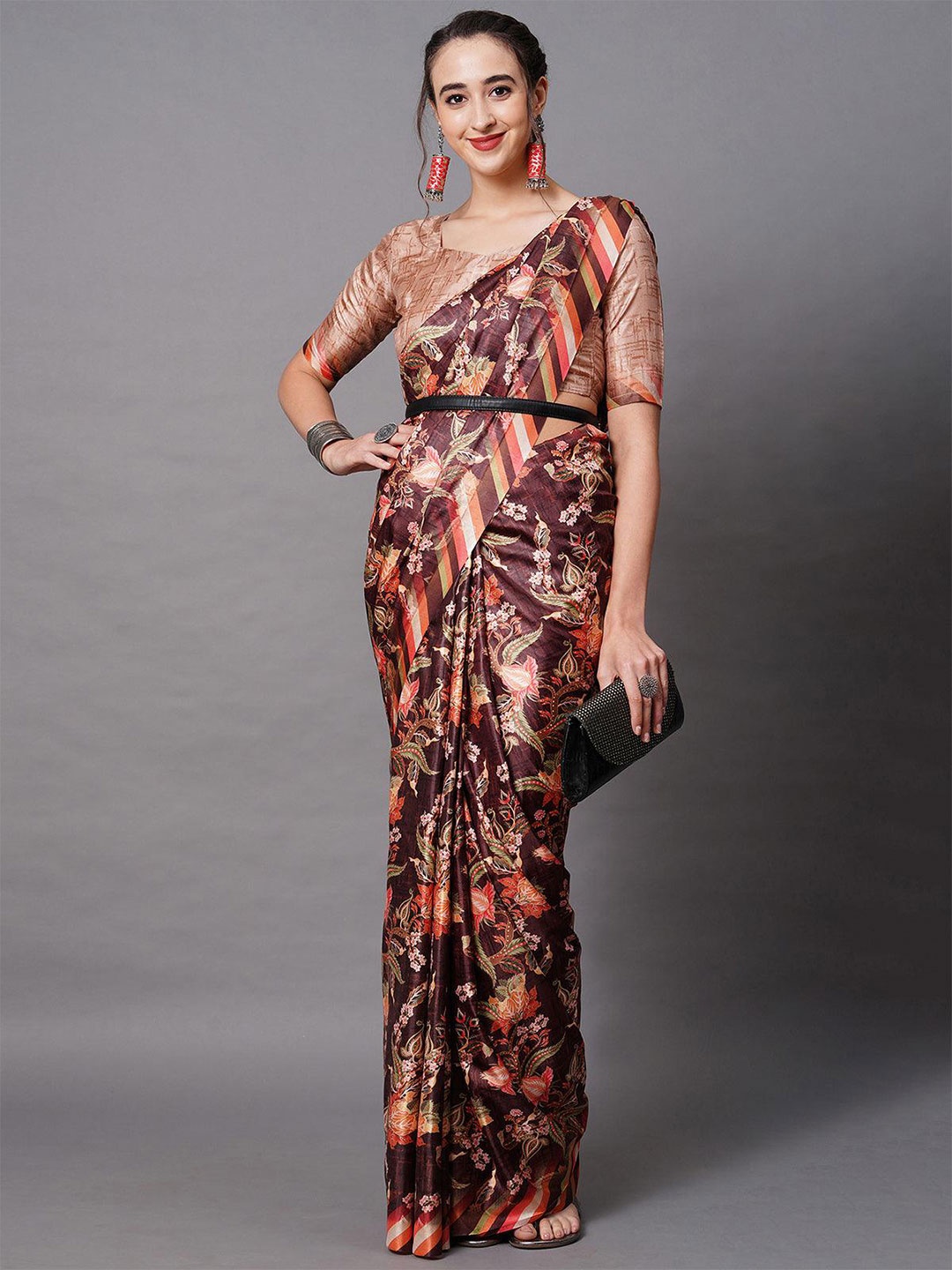 

ODETTE Floral Printed Festive Saree, Brown