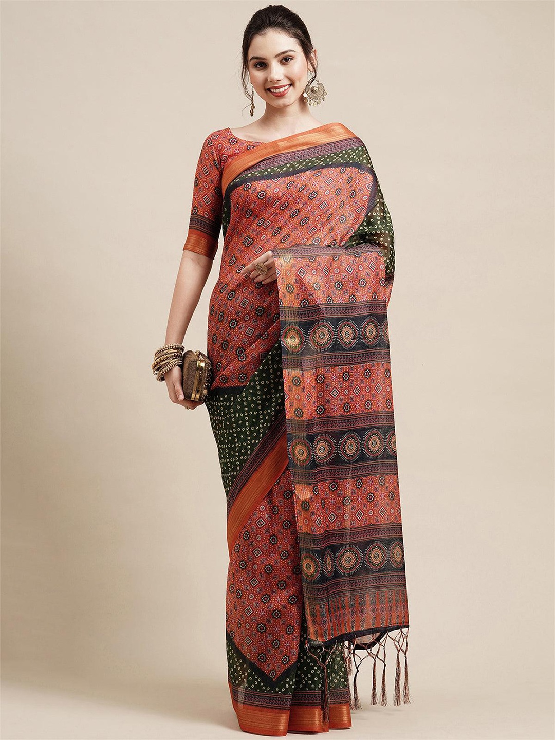 

ODETTE Floral Printed Linen Blend Saree With Blouse Piece, Orange