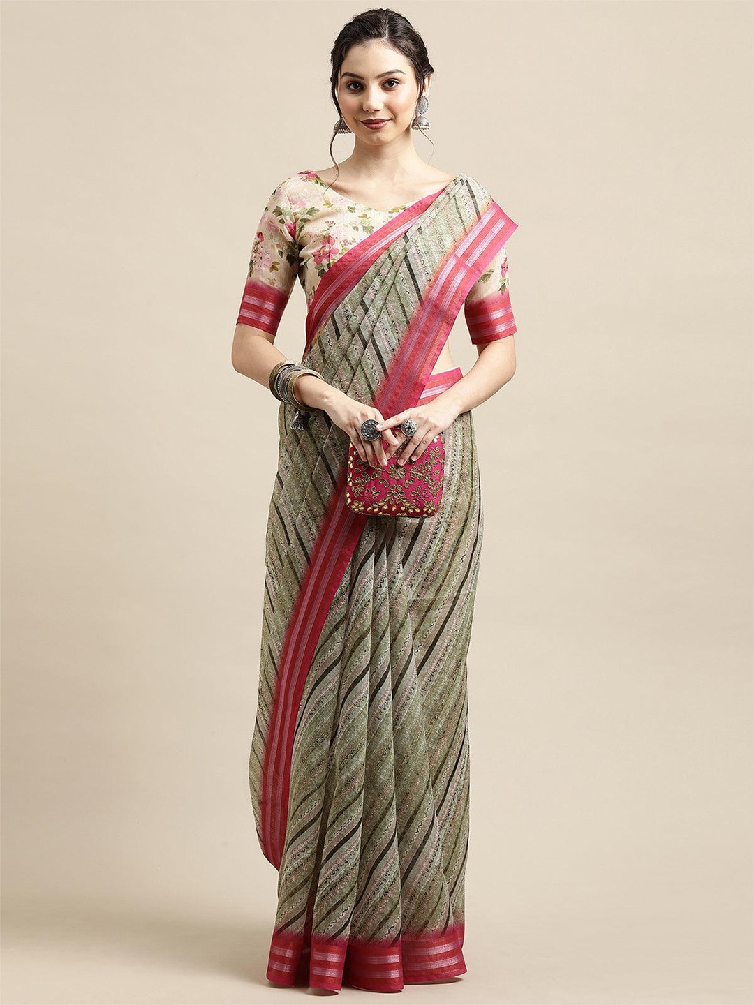 

ODETTE Geometric Printed Silk Blend Saree With Blouse Piece, Olive