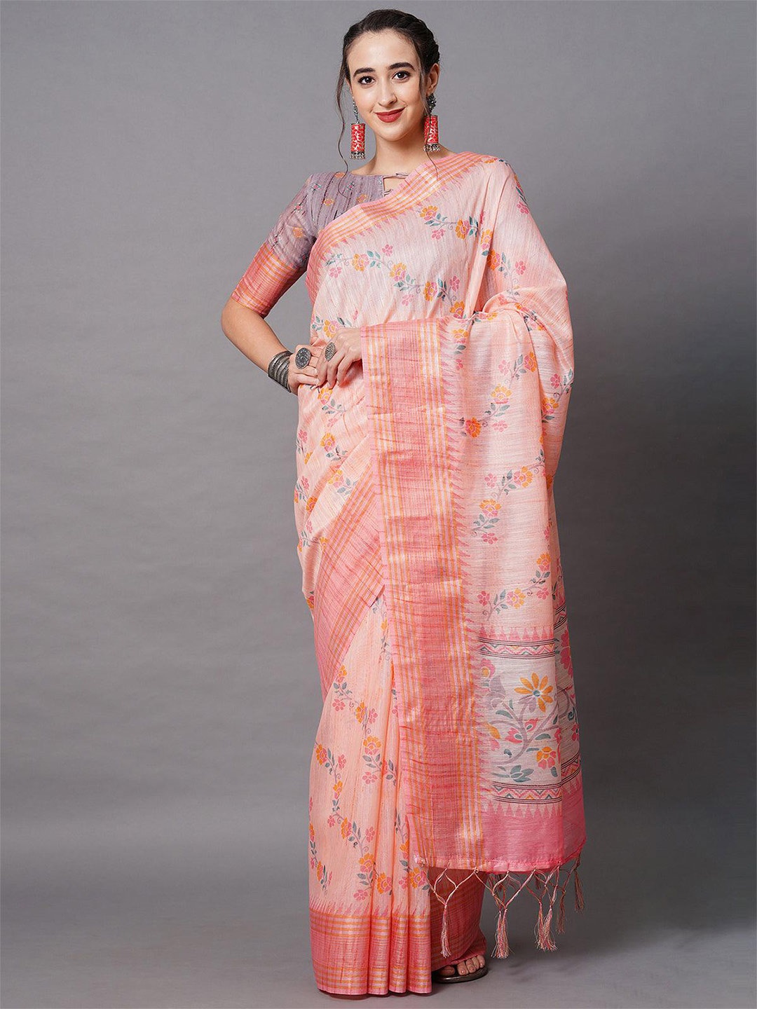 

ODETTE Floral Printed Linen Blend Saree, Peach