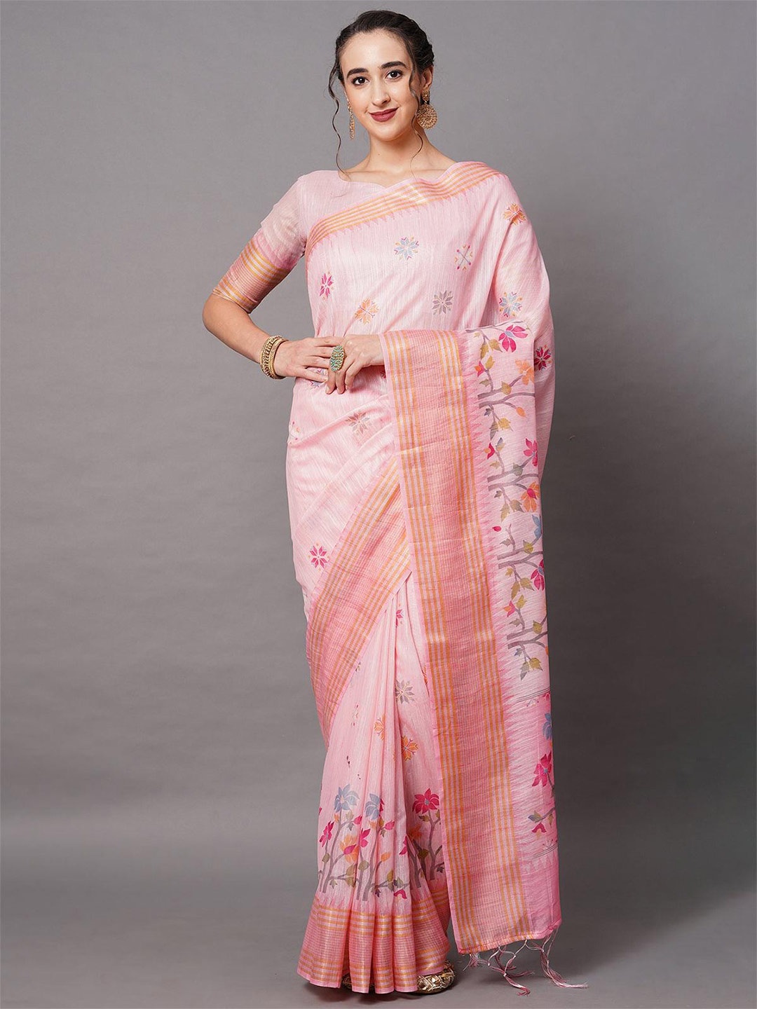 

ODETTE Floral Printed Zari Linen Blend Saree, Pink