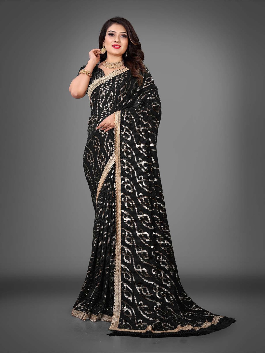 

ODETTE Embellished Sequinned Poly Georgette Saree, Black