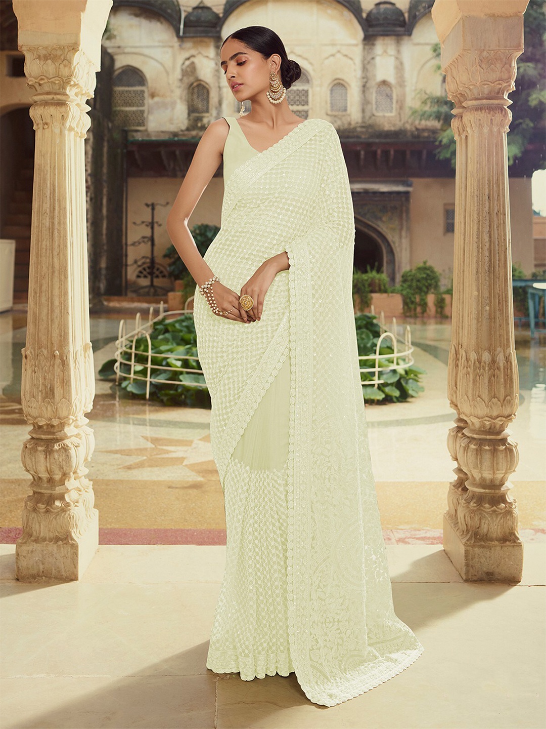 

ODETTE Floral Embroidered Net Saree, Off white