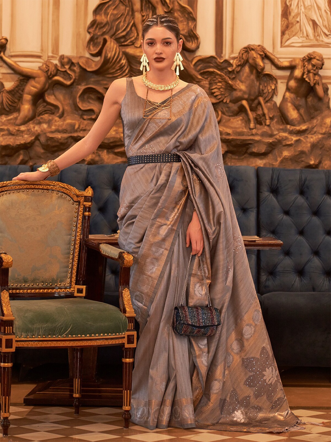 

ODETTE Woven Design Zari Silk Blend Saree, Grey