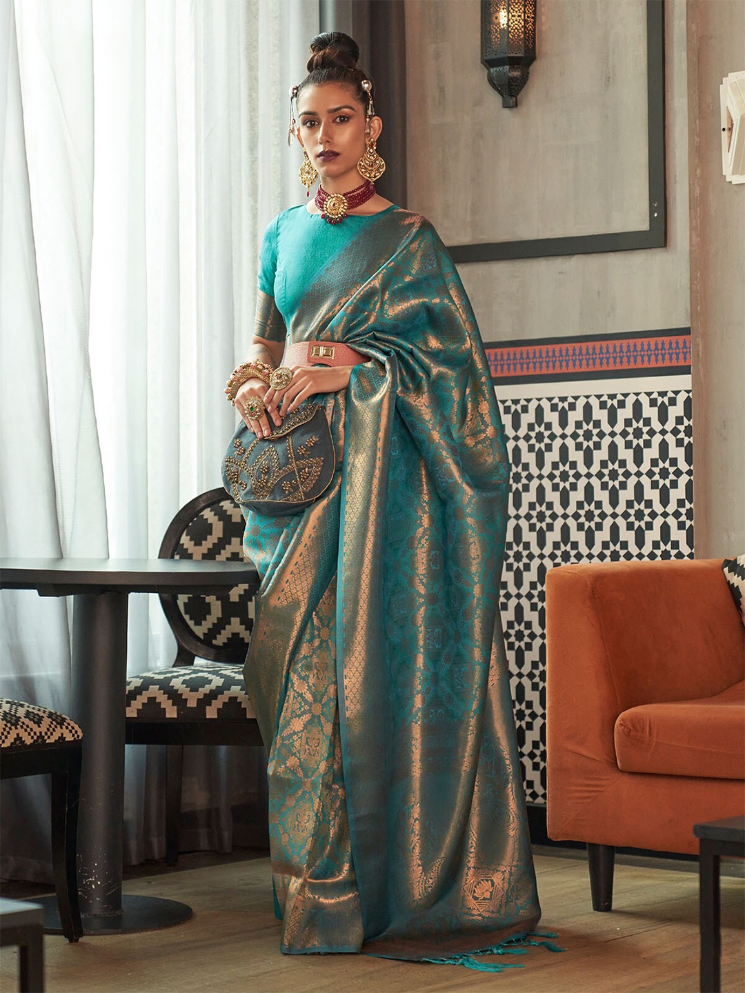 

ODETTE Woven Design Zari Silk Blend Saree, Blue