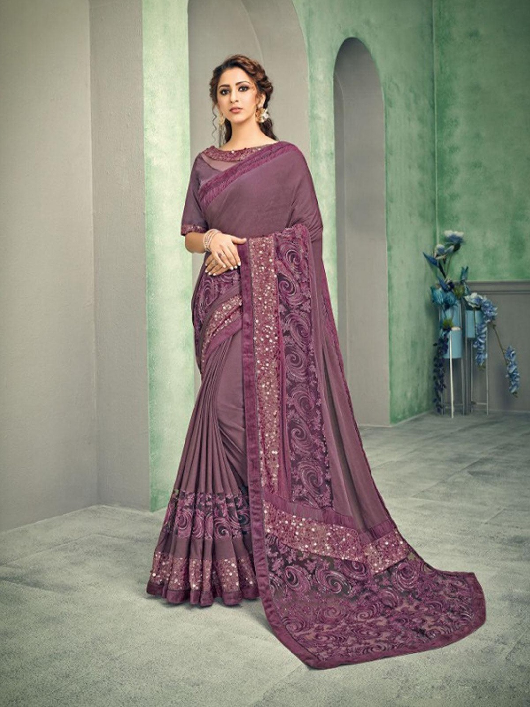 

ODETTE Violet & Violet Embellished Sequinned Saree
