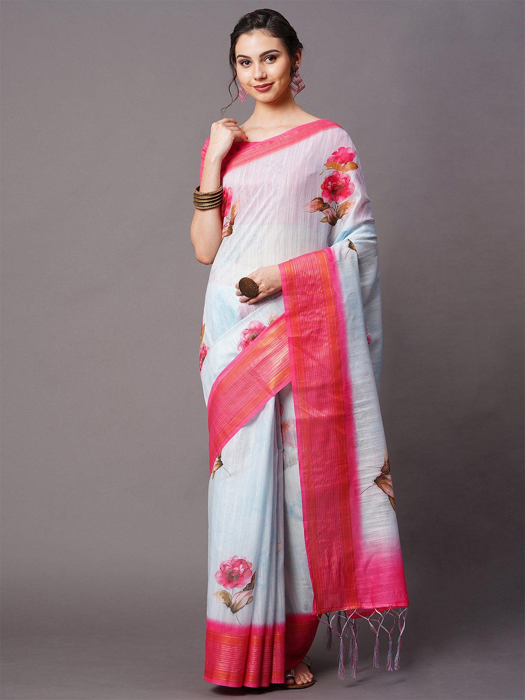 

ODETTE Floral Printed Saree, Blue