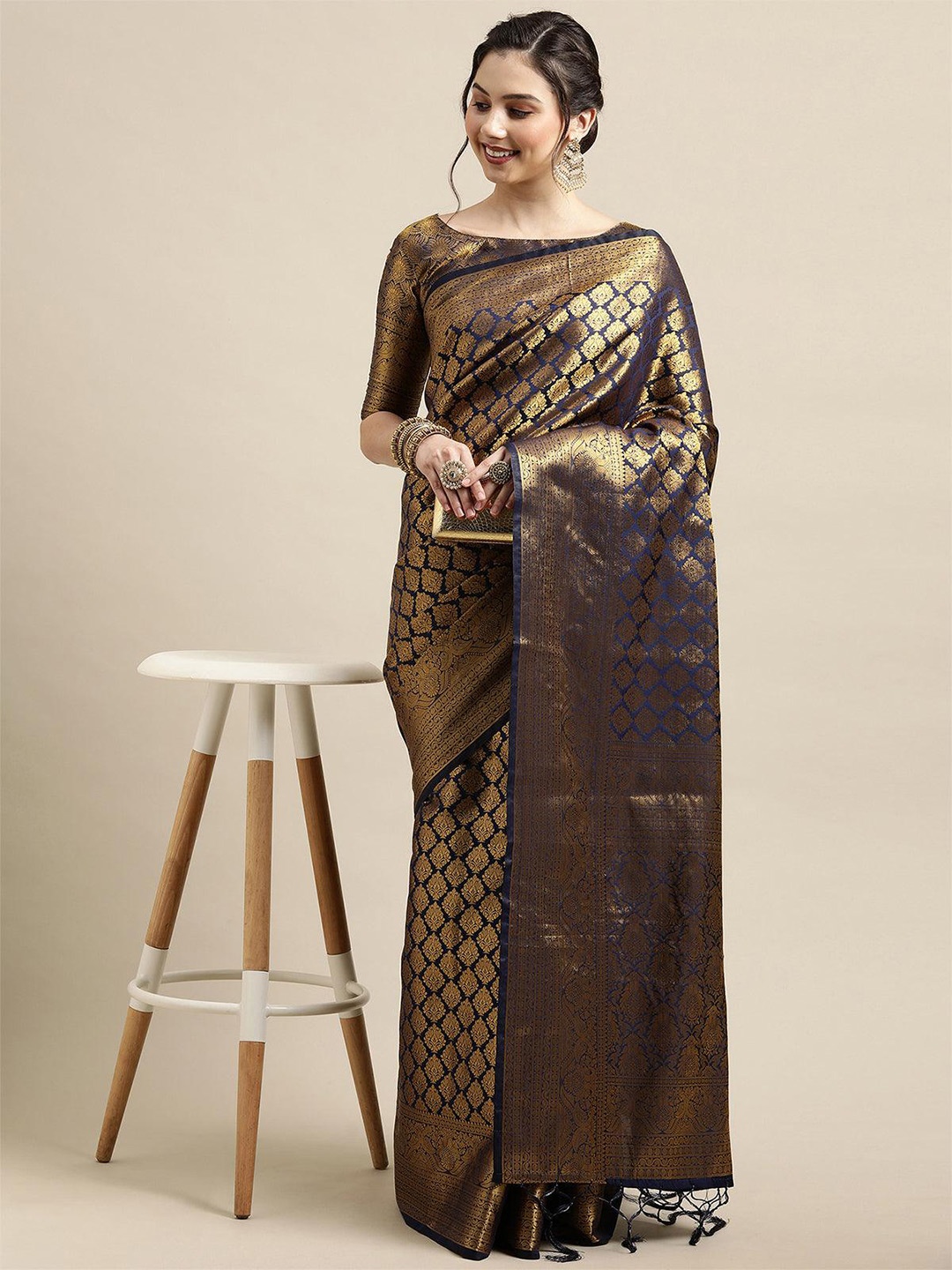 

ODETTE Ethnic Motifs Woven Design Zari Saree, Blue