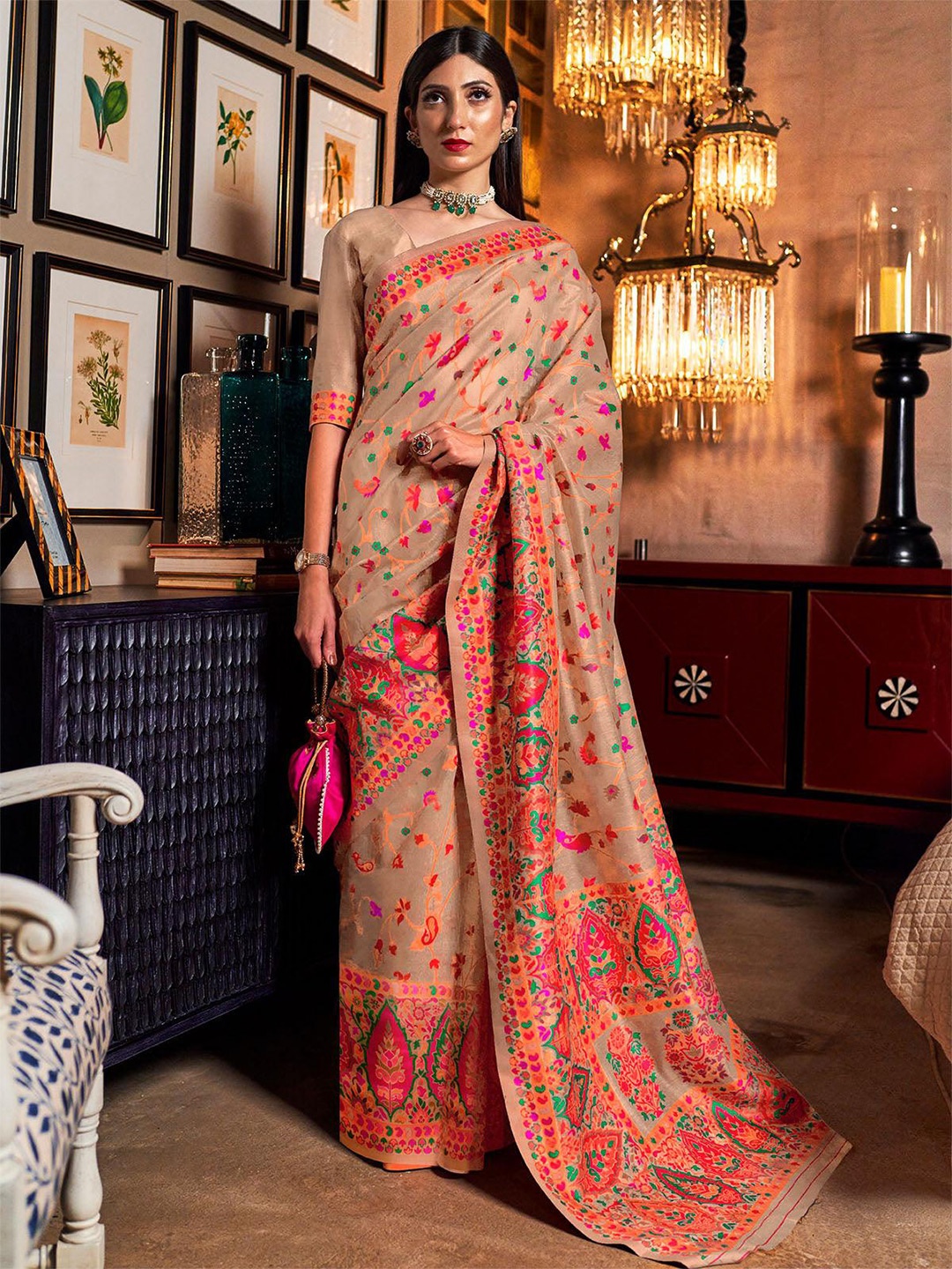 

ODETTE Ethnic Motifs Woven Design Zari Saree, Gold