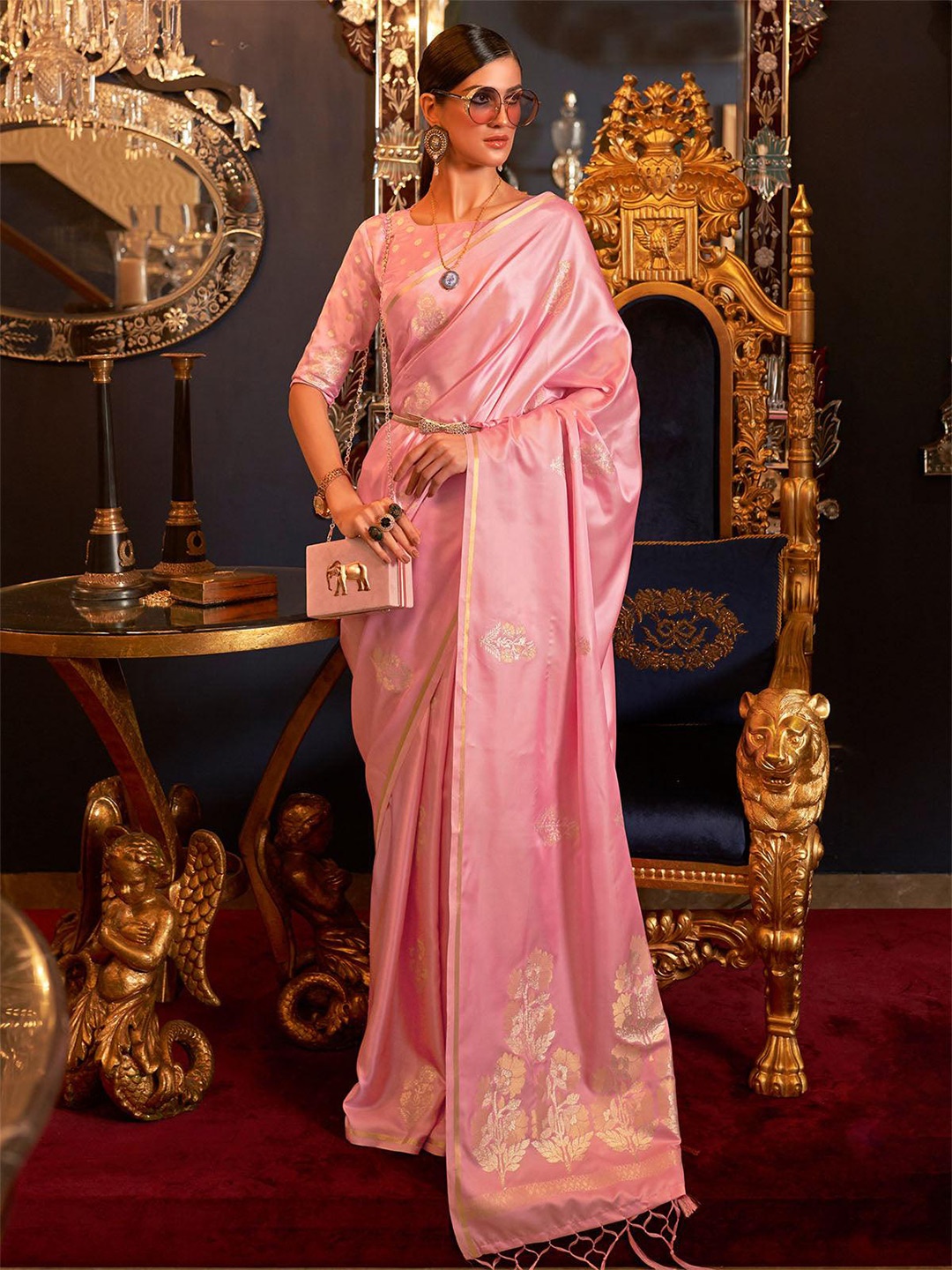 

ODETTE Floral Woven Design Silk Blend Saree, Pink