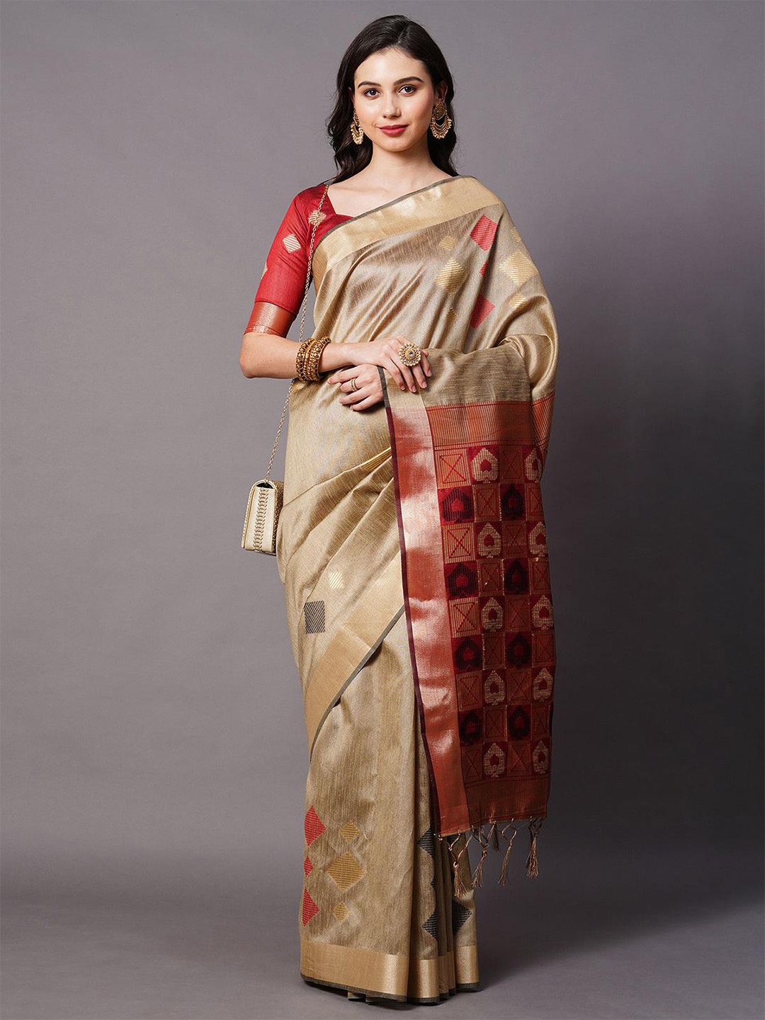 

ODETTE Ethnic Motifs Woven Design Zari Saree, Cream