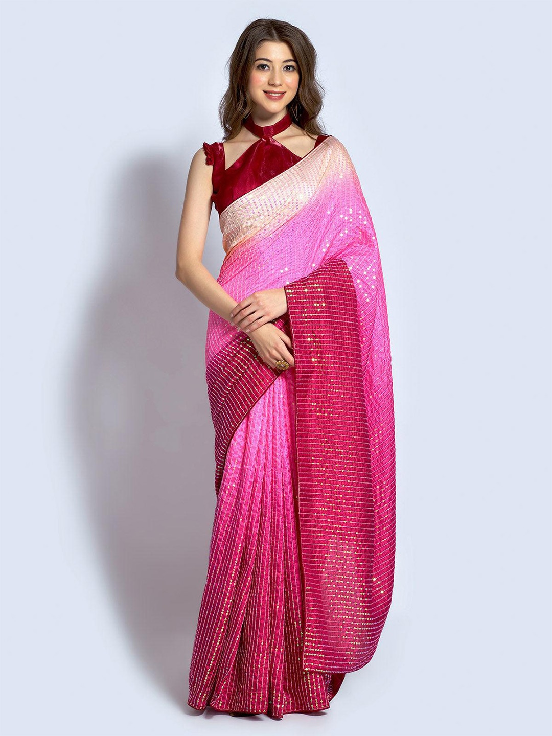 

ODETTE Embellished Sequinned Ombre Saree, Pink