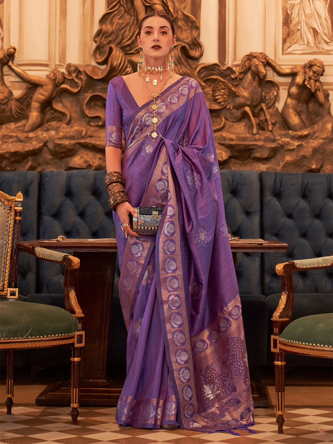 

ODETTE Ethnic Motifs Woven Design Zari Saree, Purple