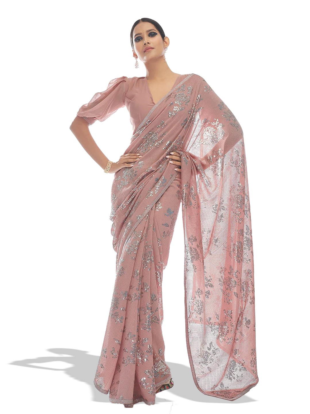 

ODETTE Embellished Sequinned Poly Georgette Saree, Peach