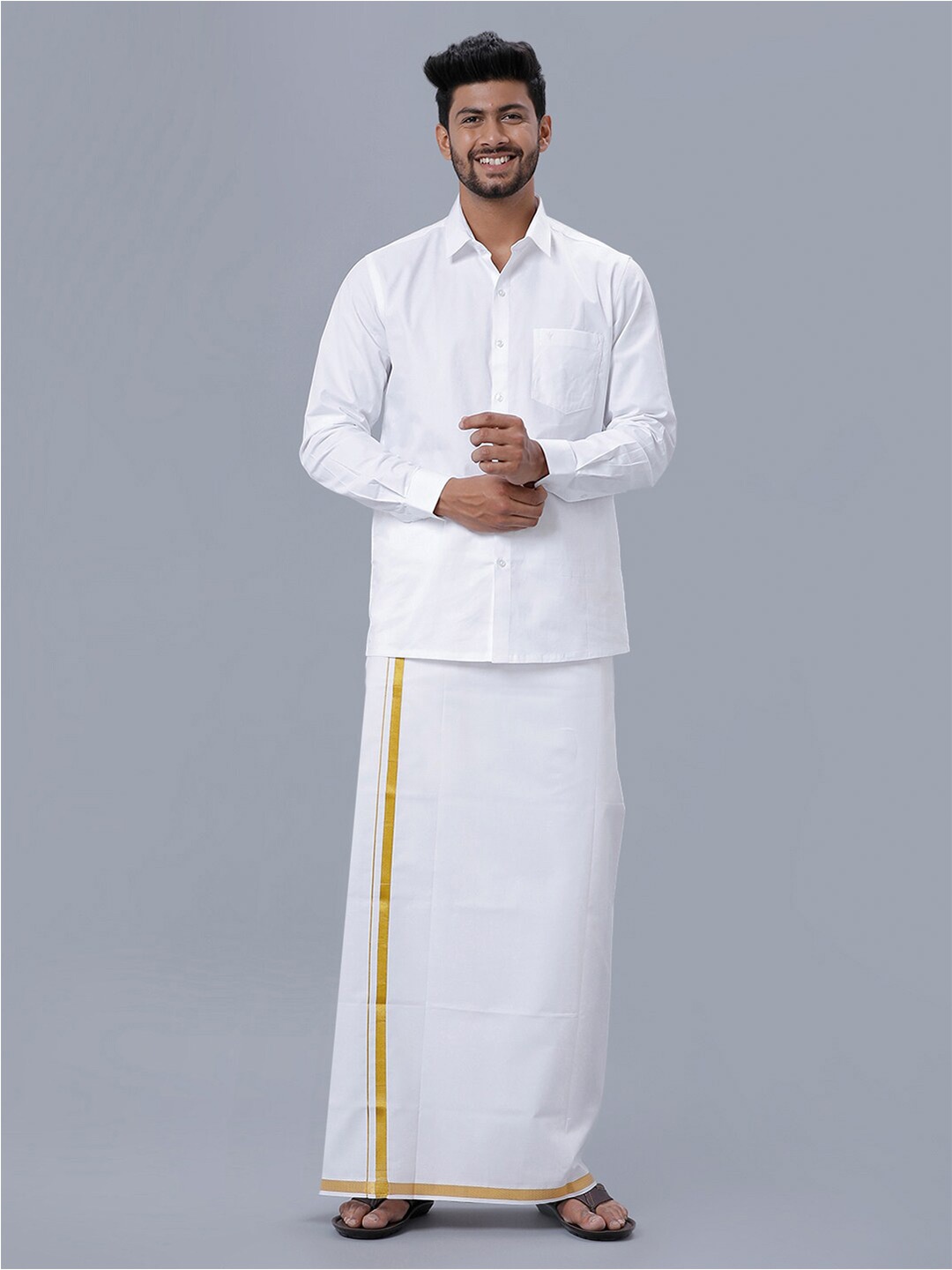 

Ramraj Men Full Sleeves Traditional Shirt & Gold Jari Border Dhoti Set, White