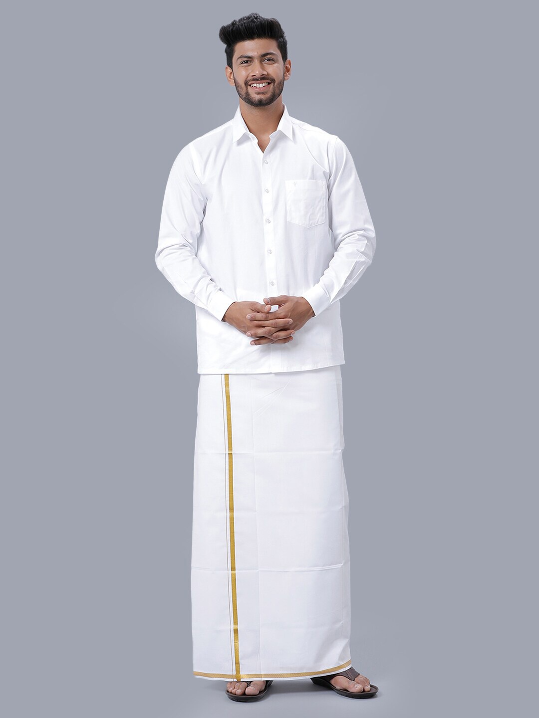 

Ramraj Men Full Sleeves Traditional Shirt & Gold Jari Border Dhoti Set, White