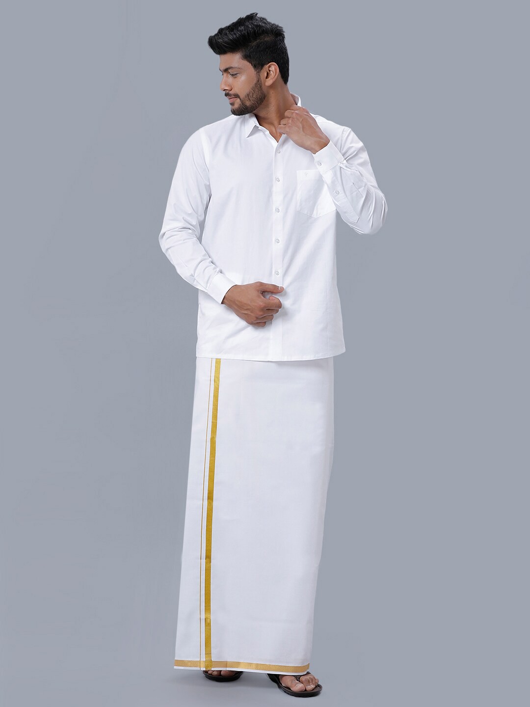 

Ramraj Men Full Sleeves Traditional Shirt & Gold Jari Border Dhoti Set, White