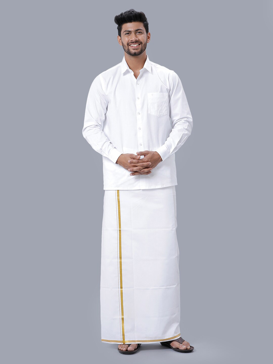 

Ramraj Men Full Sleeves Traditional Shirt & Gold Jari Border Dhoti Set, White
