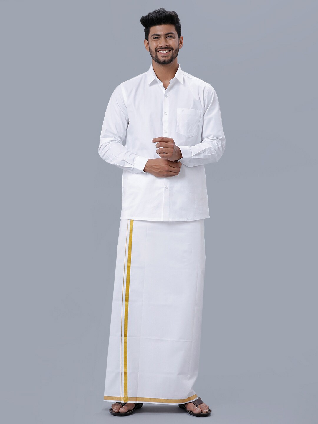 

Ramraj Men Full Sleeves Traditional Shirt & Gold Jari Border Dhoti Set, White