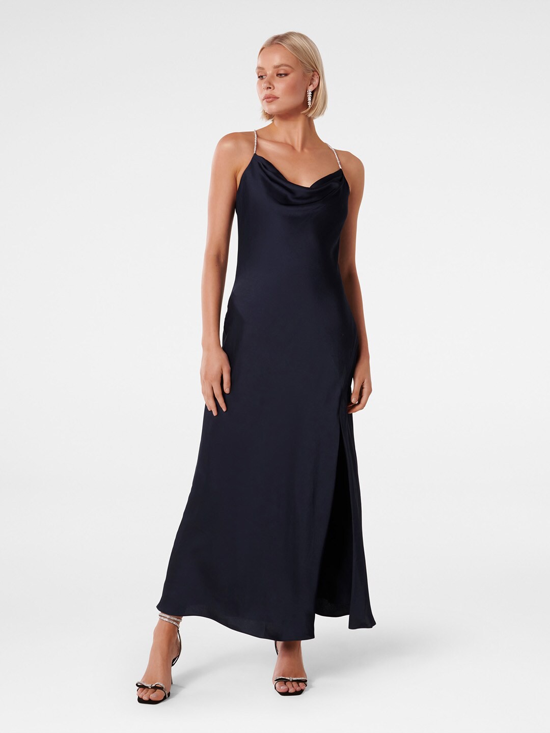 

Forever New Shoulder Straps Satin Maxi Dress, Navy blue