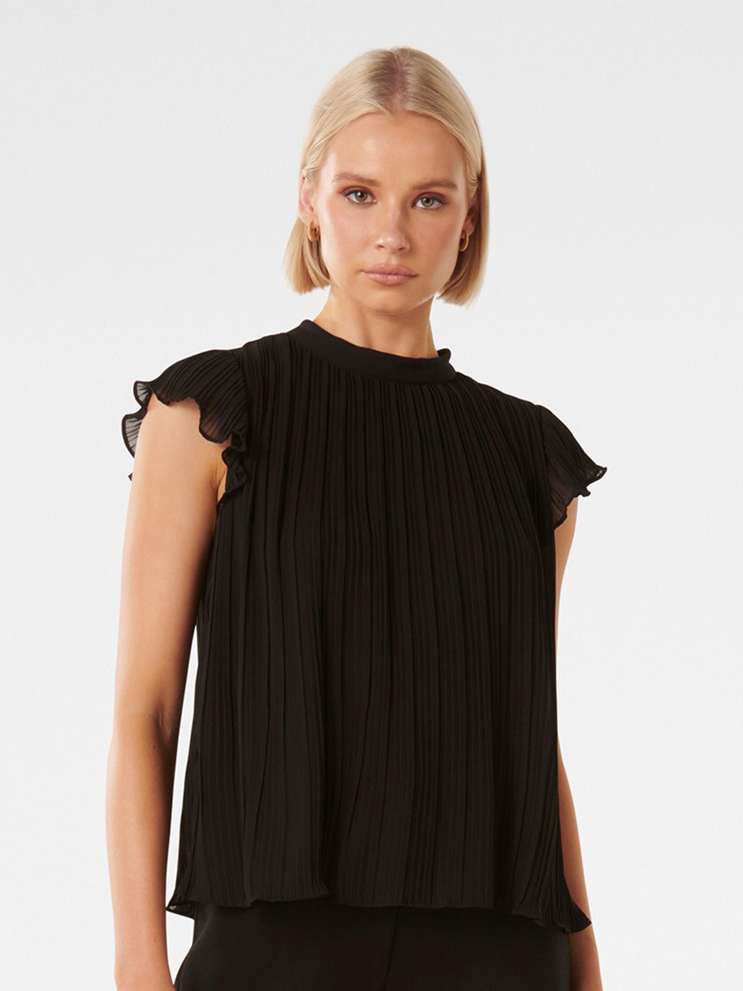 

Forever New High Neck Flutter Sleeves Pleated Top, Black