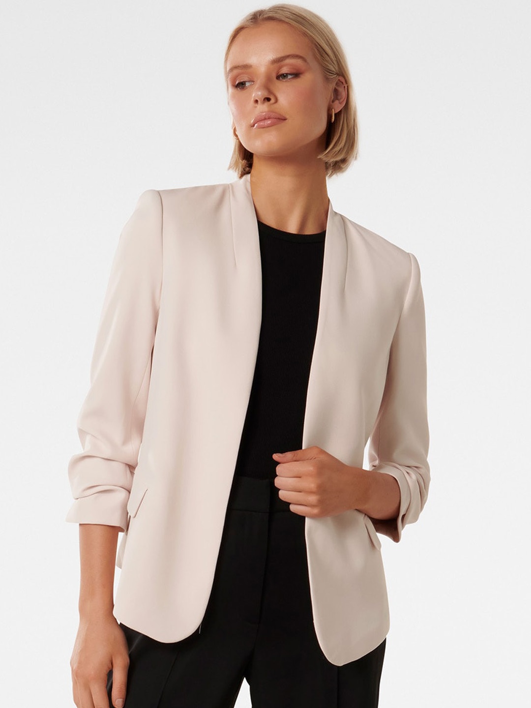 

Forever Collarless Shoulder Tabs Open Front Jacket, Beige