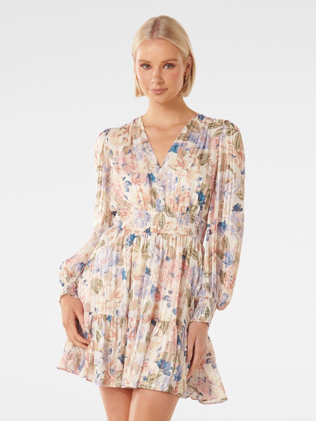 

Forever New Floral Print Puff Sleeve V-Neck Fit & Flare Mini Dress, Off white