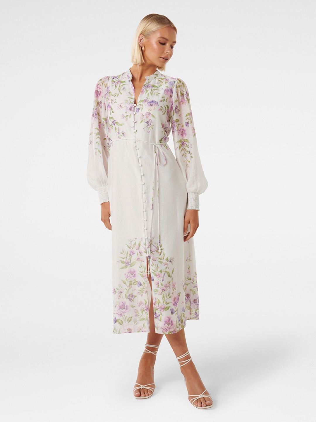 

Forever New Floral Printed Mandarin Collar Shirt Midi Dress, Off white