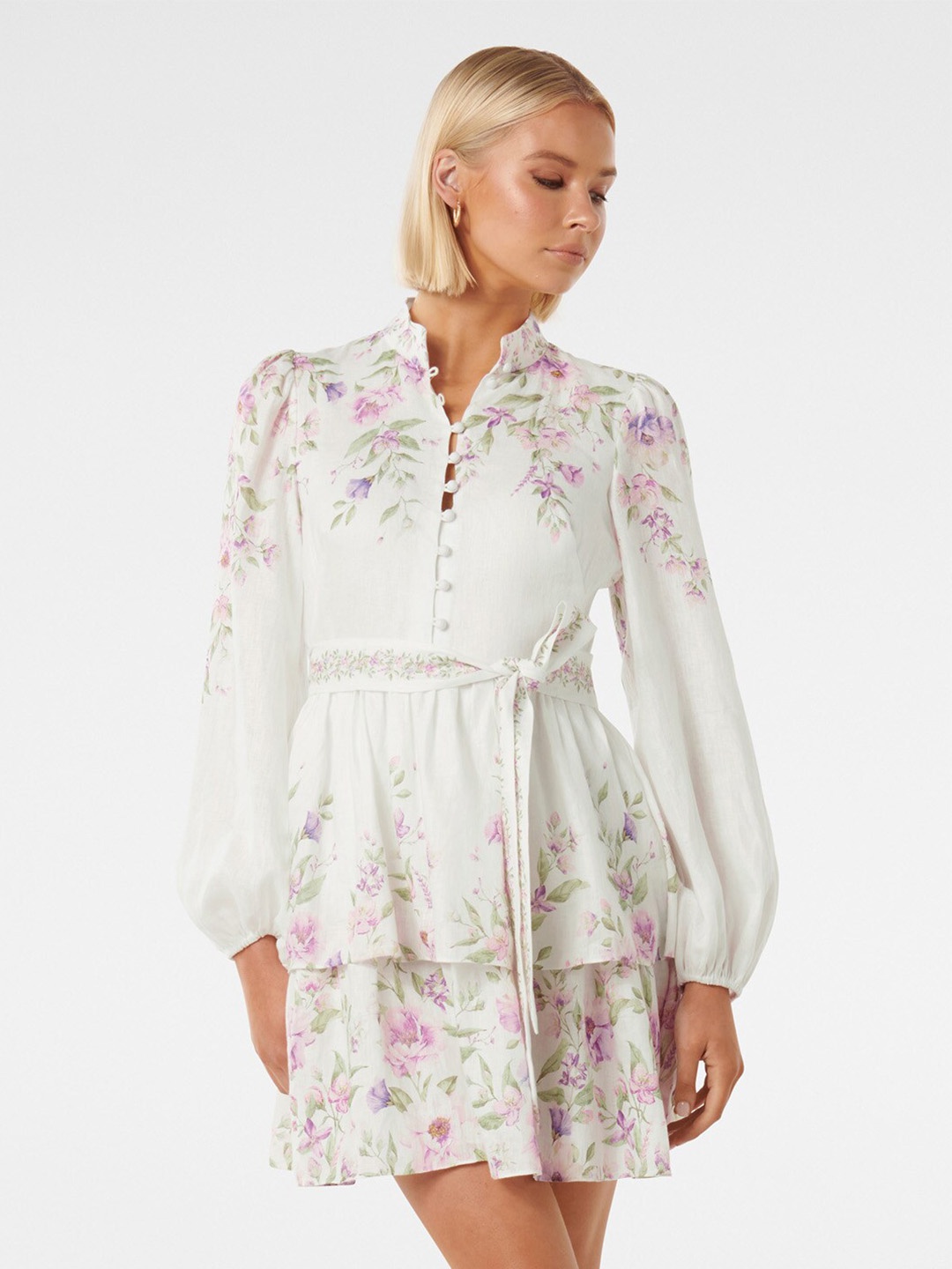 

Forever New Mandarin Collar Floral Printed Layered Belted Fit & Flare Mini Dress, White
