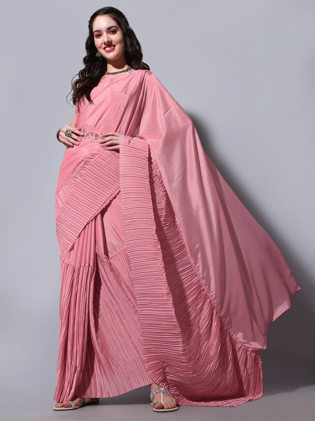 

GAJARAI Poly Chiffon Belted Saree, Pink