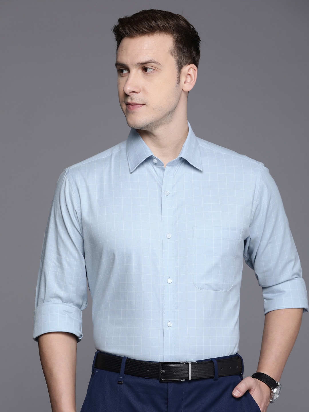 

Raymond Pure Cotton Slim Fit Grid Tattersall Checked Formal Shirt, Blue