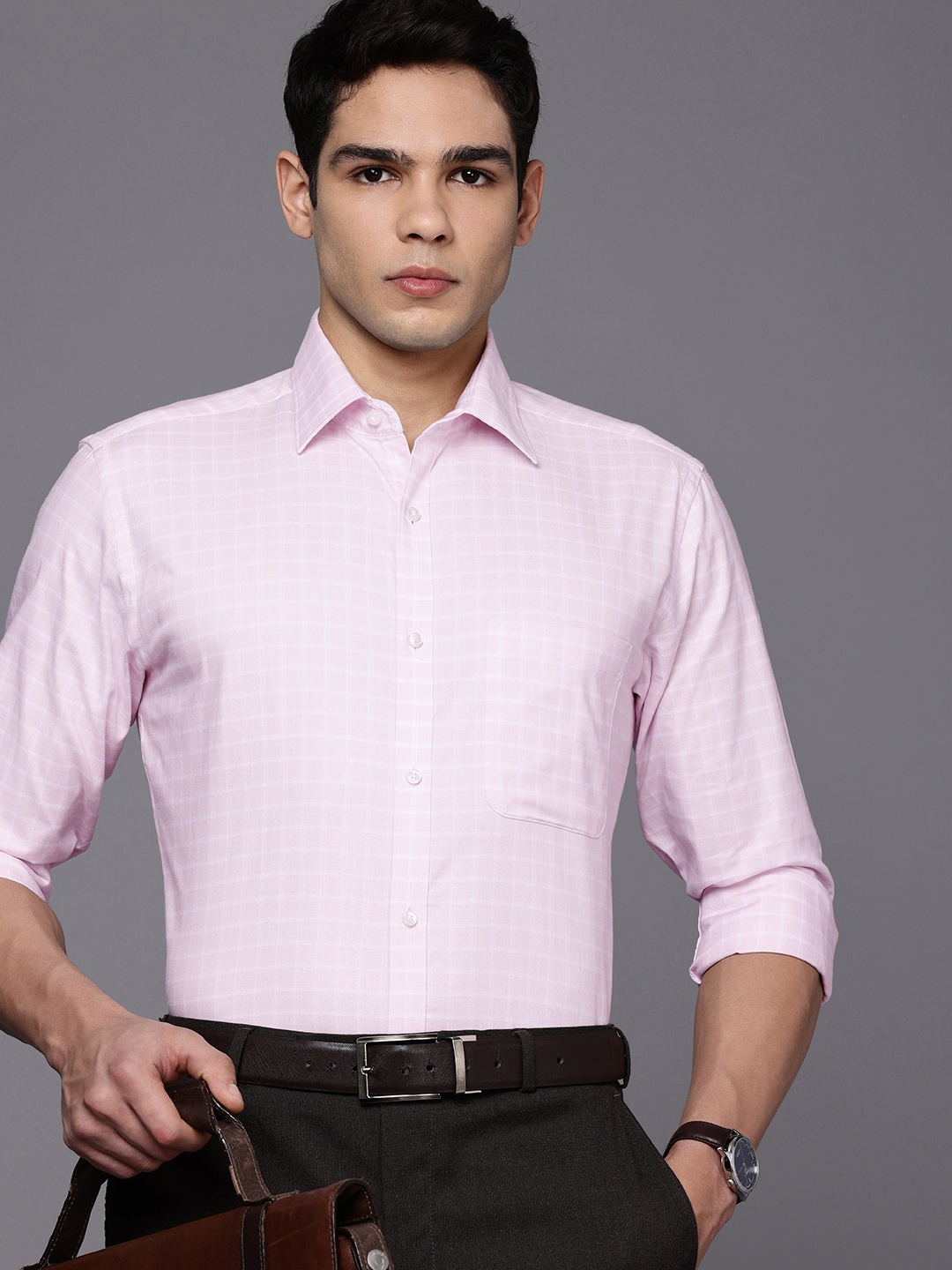 

Raymond Pure Cotton Slim Fit Opaque Checked Formal Shirt, Pink