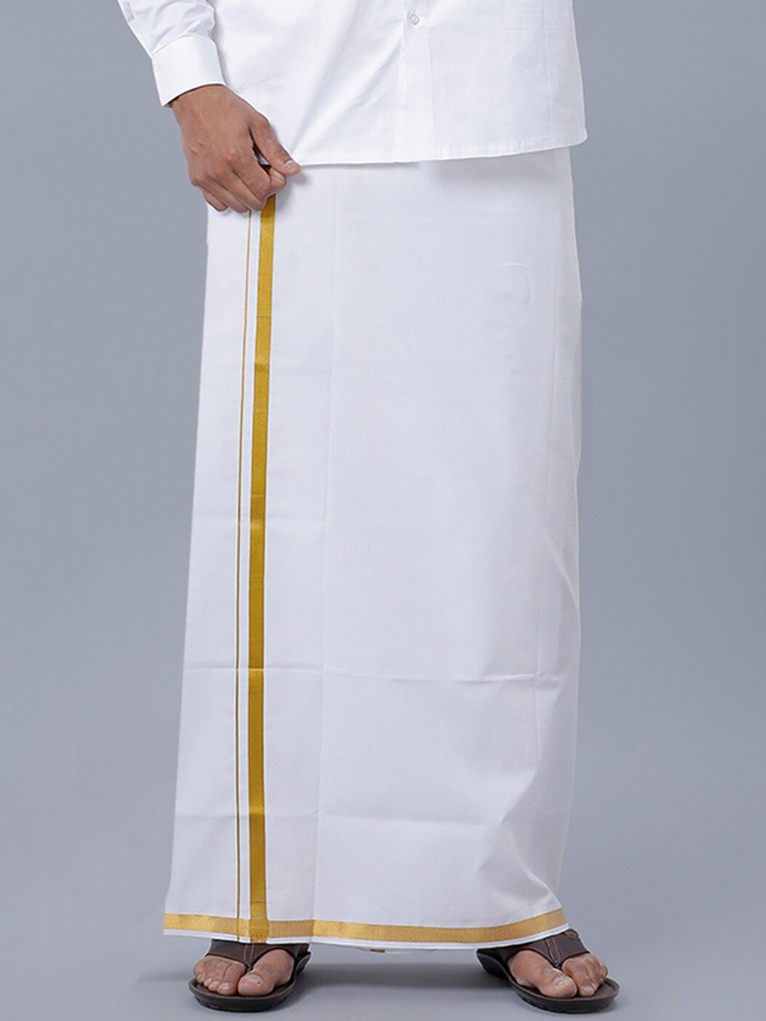 

Ramraj Men Pure Cotton Dhoti With Gold Zari Border, White