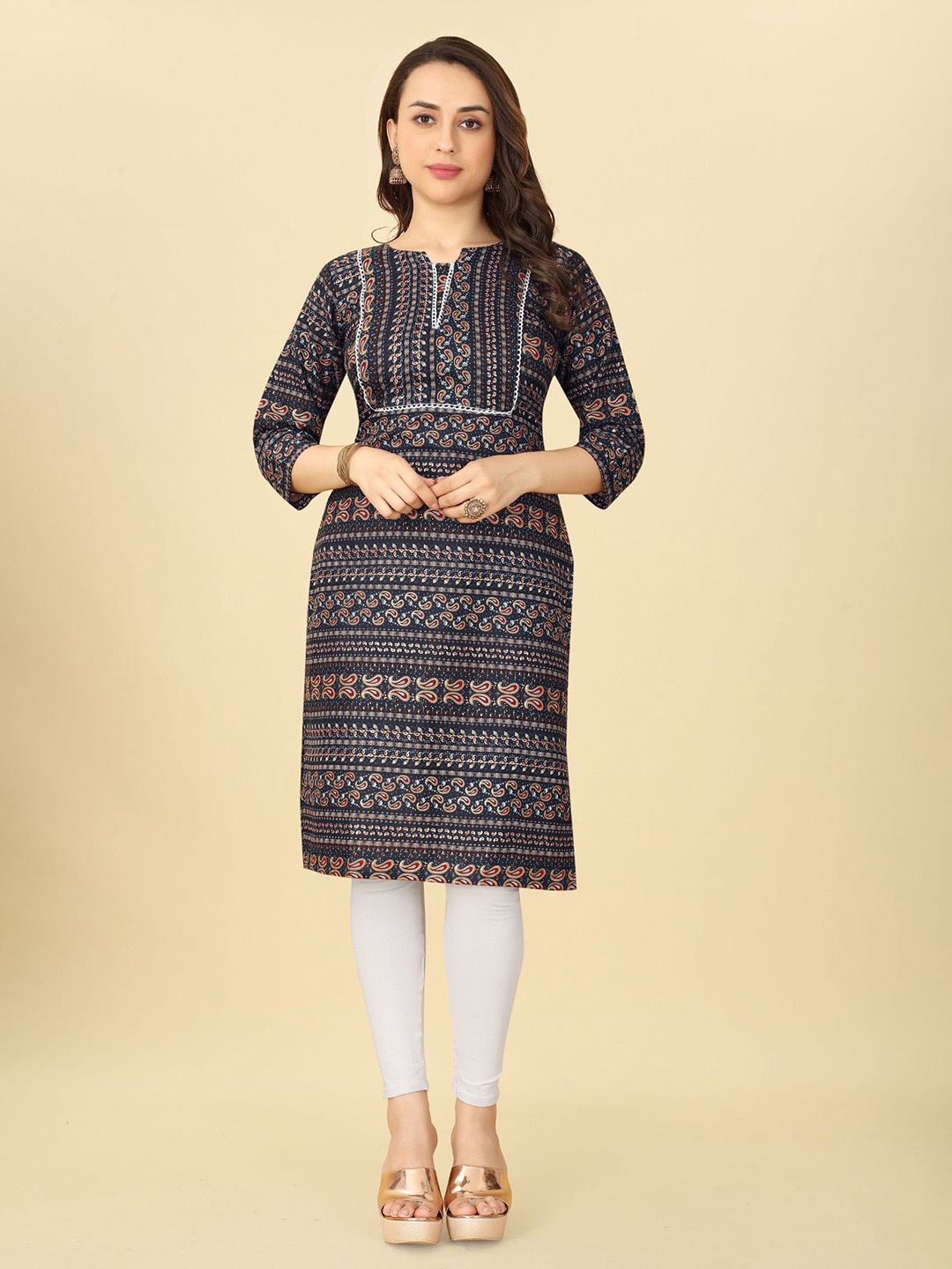 

KALINI Foil Ethnic Motifs Print Straight Kurta, Navy blue
