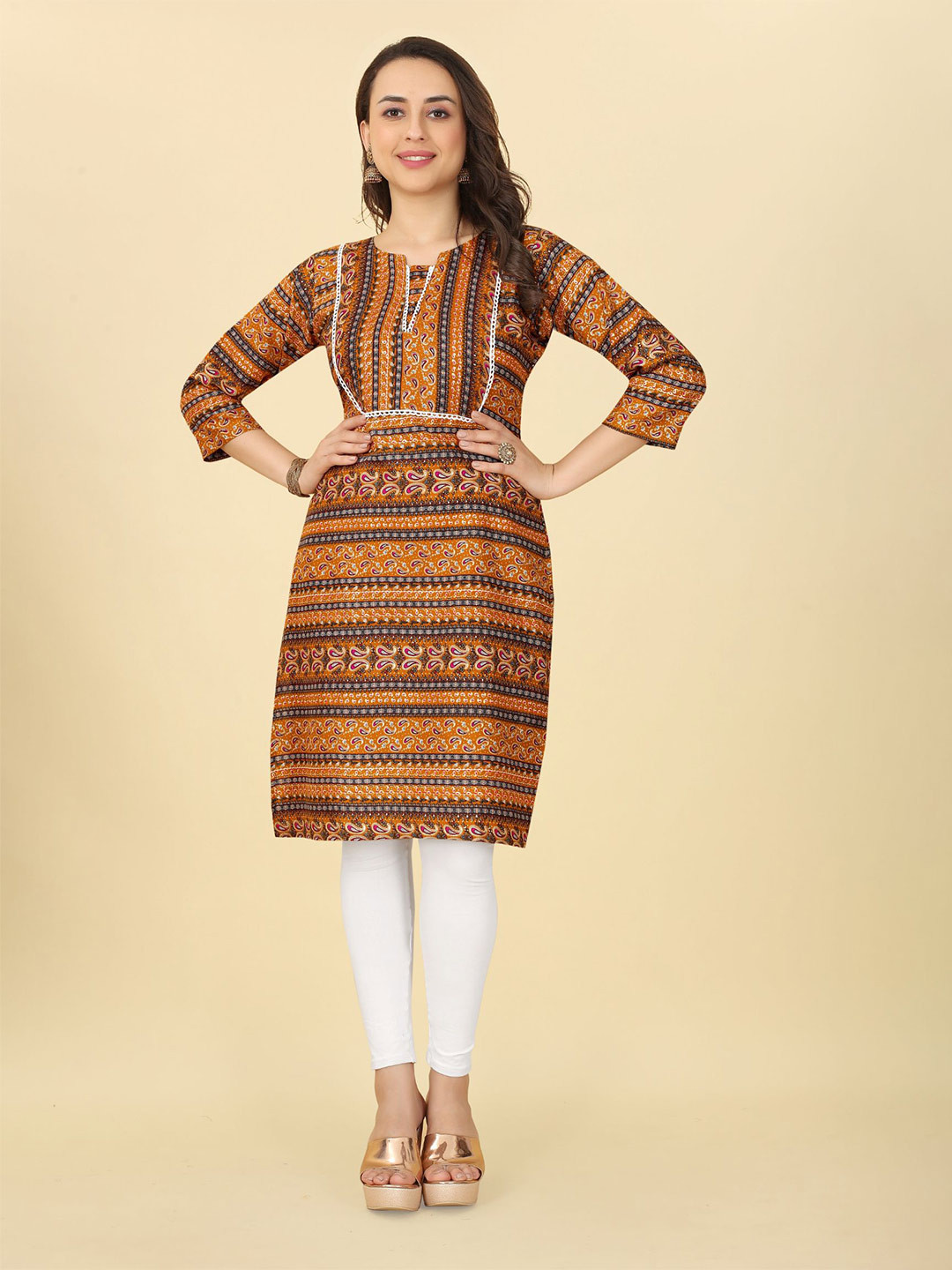 

KALINI Ethnic Motifs Printed Round Neck Straight Kurta, Mustard