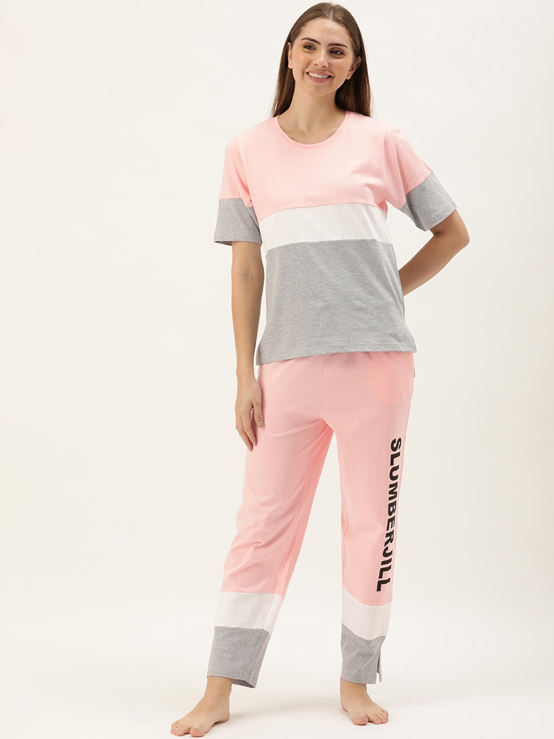 

Slumber Jill Colourblocked Organic Cotton Night Suit, Pink