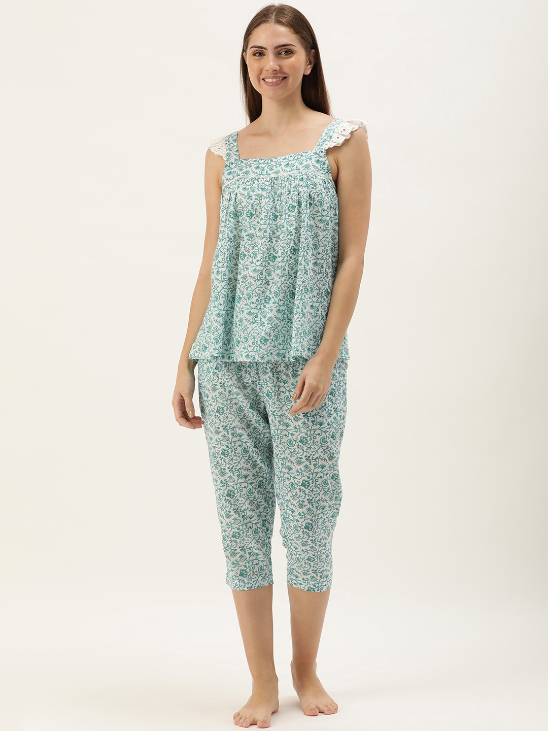 

Slumber Jill Floral Printed Pure Cotton Night Suit, Green