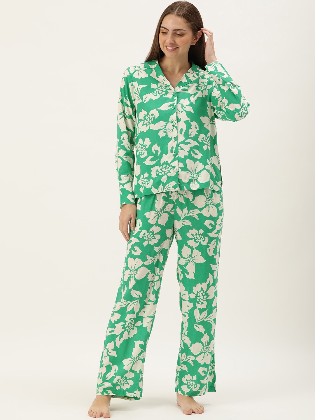 

Slumber Jill Floral Printed Night Suit, Green