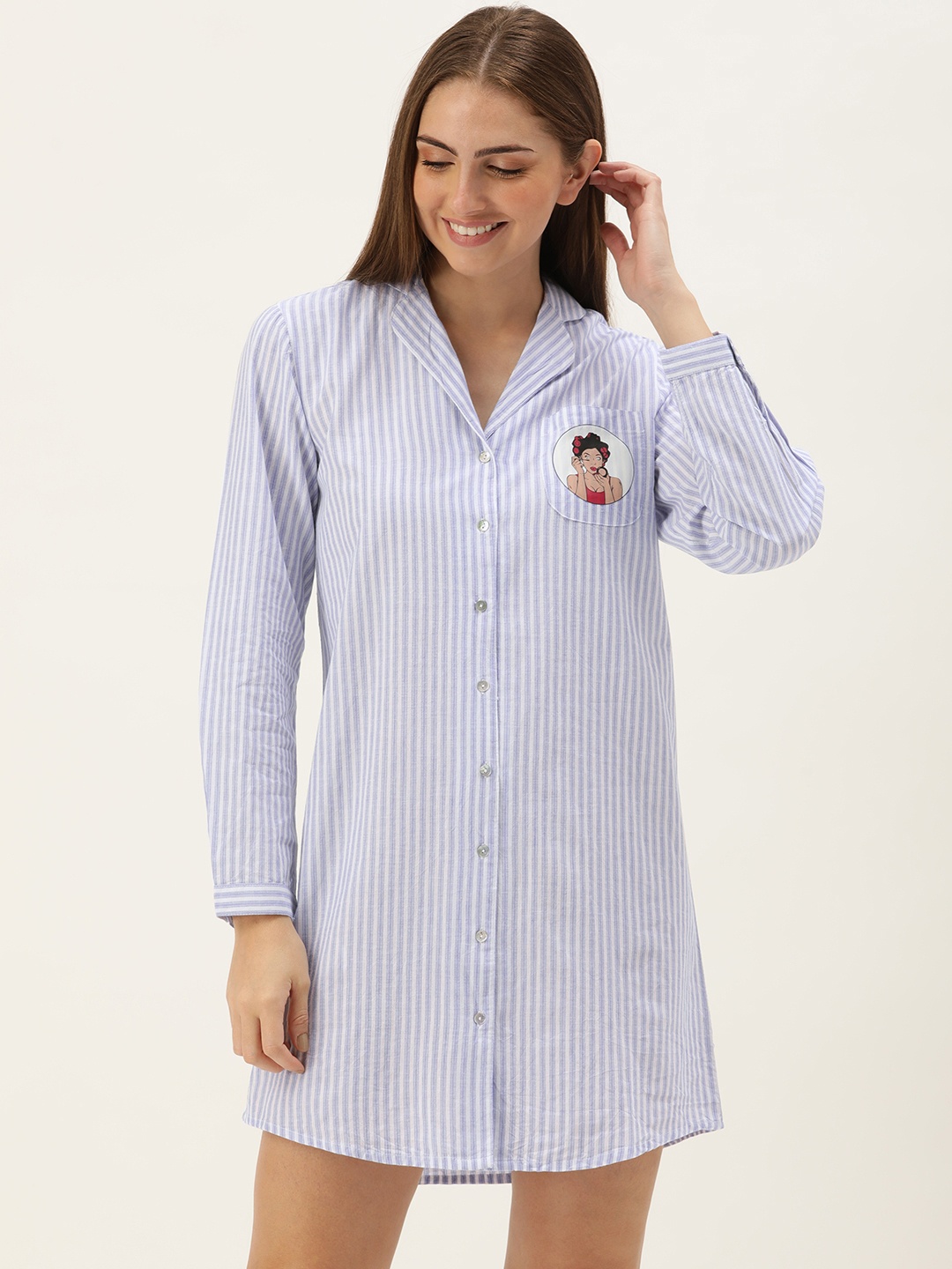

Slumber Jill Striped Pure Cotton Shirt Nightdress, White