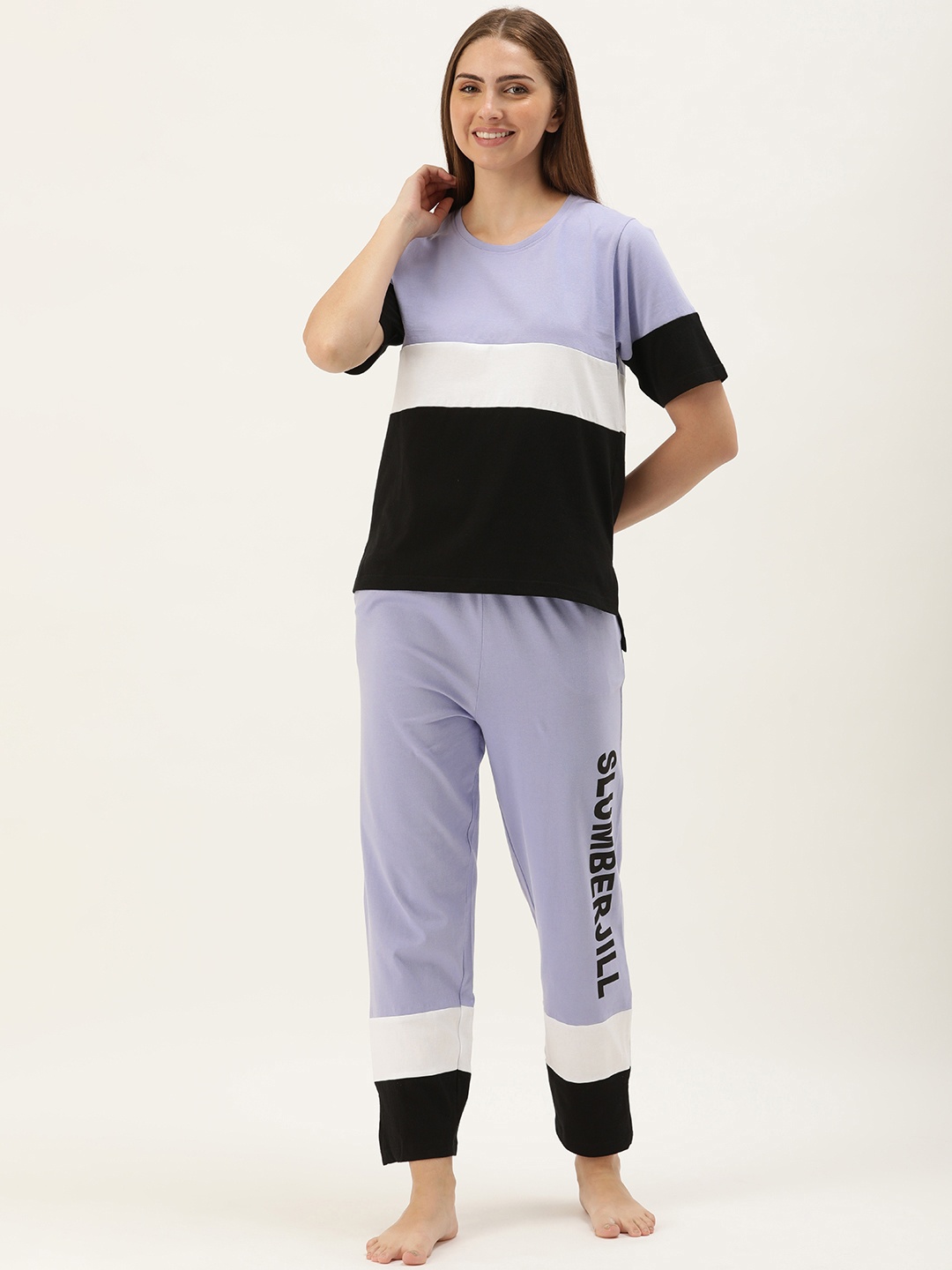 

Slumber Jill Colourblocked Organic Cotton Night Suit, Purple