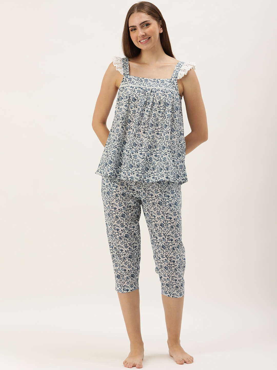 

Slumber Jill Floral Printed Pure Cotton Night Suit, Blue
