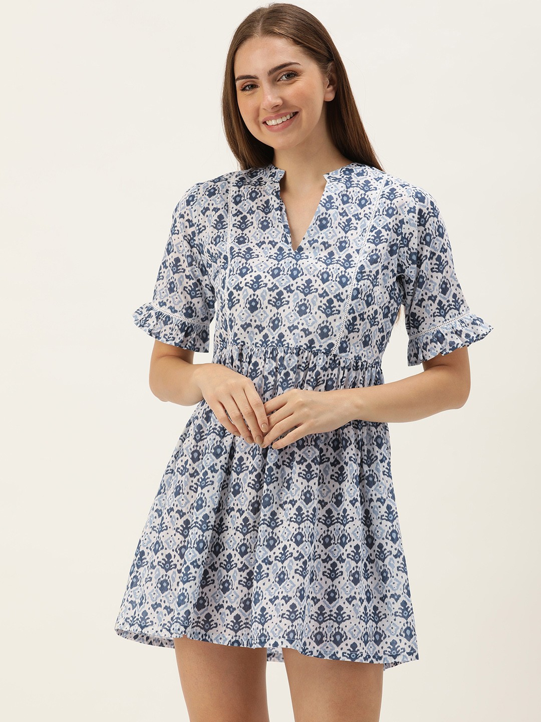 

Slumber Jill Printed Mandarin Collar Pure Cotton Nightdress, Blue