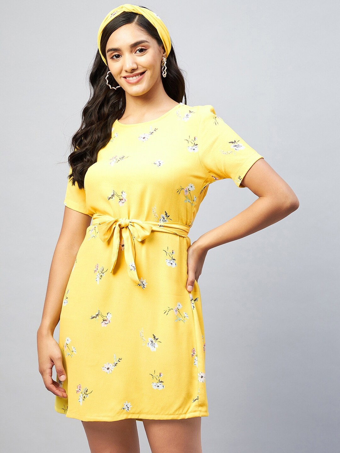 

DELAN Floral Printed Belted T-Shirt Dress, Yellow