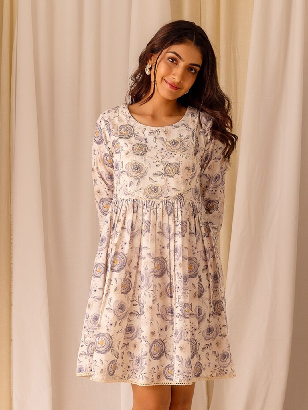 

Ishin Floral Printed Linen A-Line Embellished Above Knee Length Dress, White