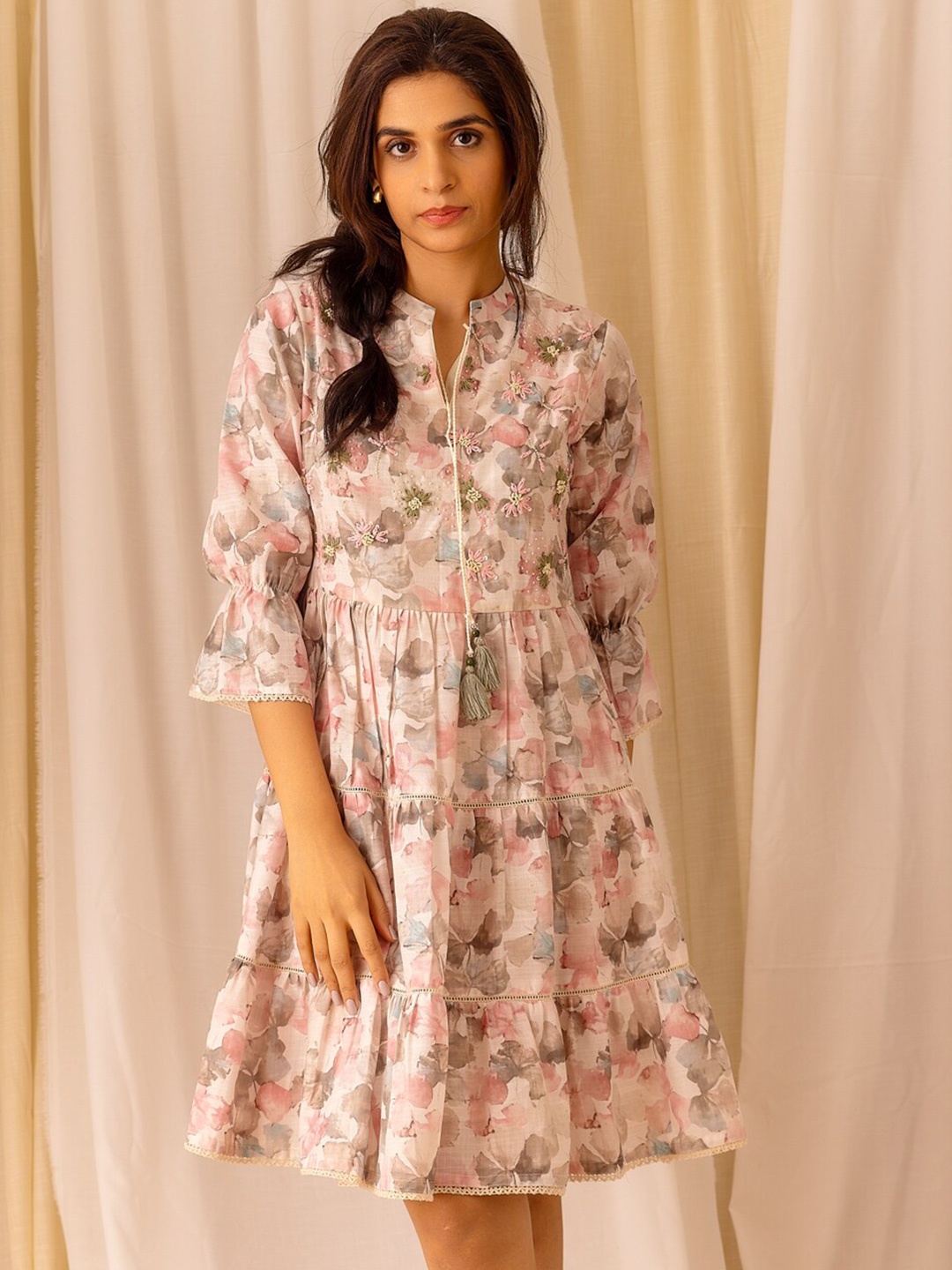 

Ishin Floral Printed Mandarin Collar Embroidered A-Line Above Knee Length Dress, Peach