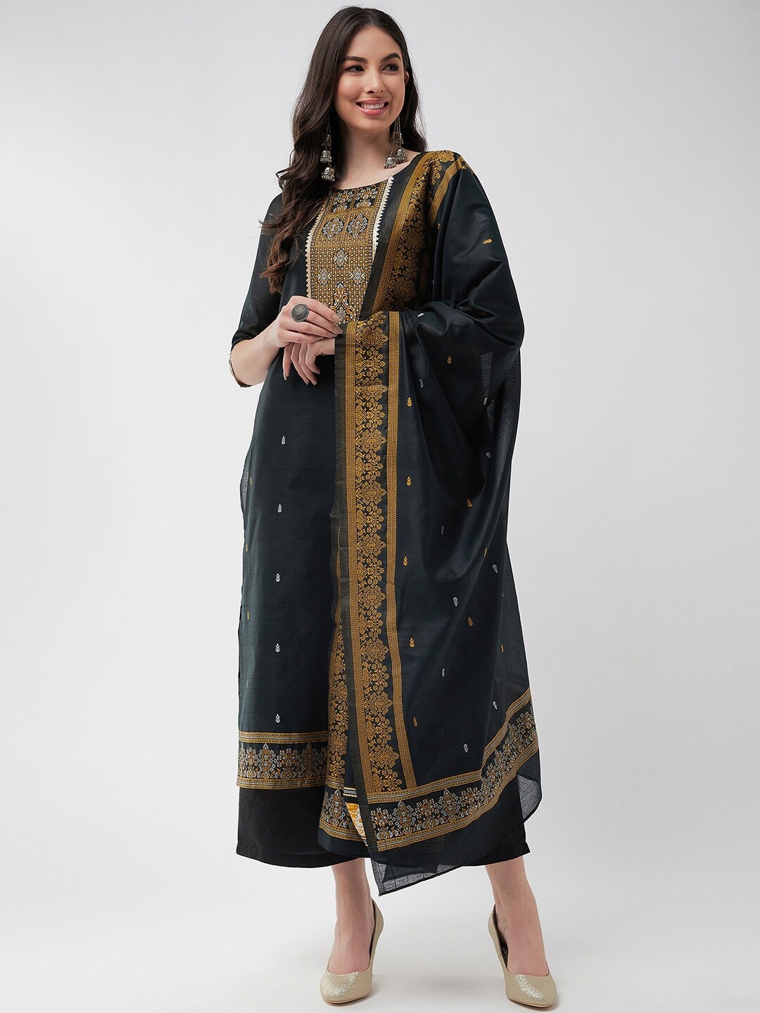 

Pannkh Ethnic Motifs Embroidered Kurta With Trousers & Dupatta, Green