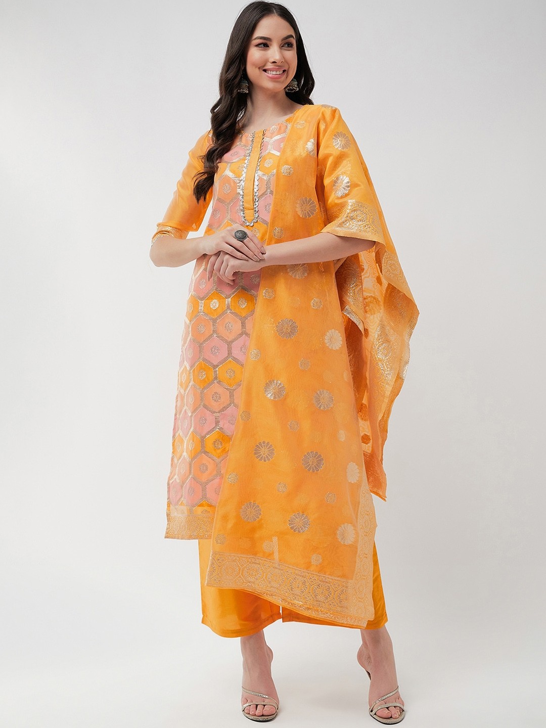 

Pannkh Woven Design Zari Kurta With Trousers & Dupatta, Yellow