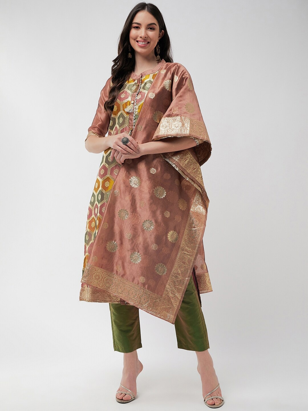 

Pannkh Ethnic Motifs Woven Design Jaquard Kurta With Trousers & With Dupatta, Brown