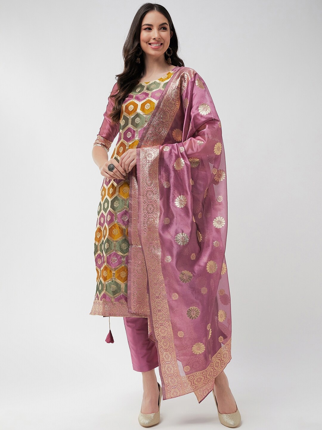 

Pannkh Woven Design Zari Kurta With Trousers & Dupatta, Pink